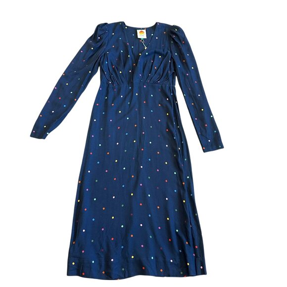 Farm Rio Lucy Dots V-Neck Dress Navy Colorful Long Sleeve Shift Size Small NWT - Picture 2 of 13
